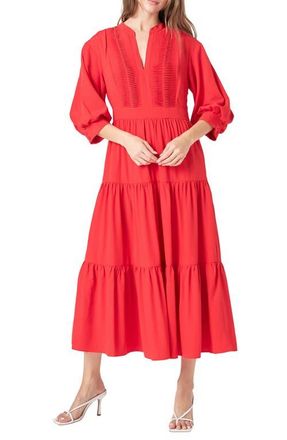 endless rose Pintuck Three-Quarter Sleeve Midi Dress in Red at Nordstrom, Size Medium