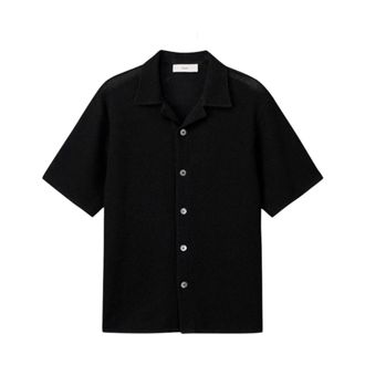 Dunst Open Collared Crochet Shirt - Heren - Korte mouwen Overhemden - Zwart - S - Katoen - Overhemden