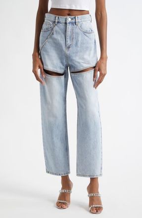 Area Slit Straight Leg Jeans with Crystal Chain in Light Blue at Nordstrom, Size 28
