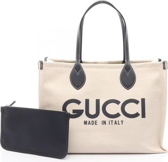 Gucci Ivory Navy Canvas Leather Tote Bag (Pre-Owned)
