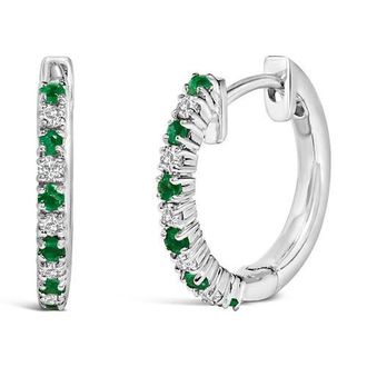 House of Brilliance 10K White Gold Alternating Emerald 1/10 Ct Diamond Huggy Hoop Earrings at Nordstrom