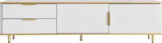 STILVORA Mueble De Tv Con 2 Puertas Y 2 Cajones, Frente Tallado, Tiradores Y Patas Doradas, 175&times;40&times;45 Cm, De Aglomerado, Blanco