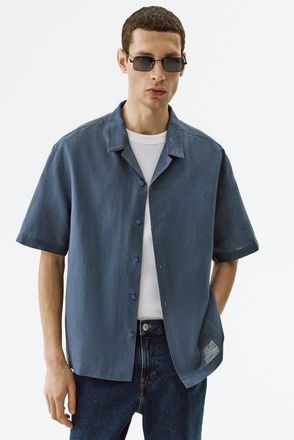 H&M Relaxed Fit Linen-blend Resort Shirt in Dusty Blue at Nordstrom, Size Xx-Large
