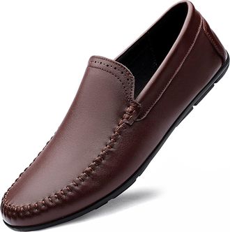 Generic Loafers for Men Cowhide Stitching Details Round Toe Comfortable Anti-Slip Flat Heel Outdoor Slip-ons(Brown,9.5 UK)