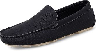 Generic Mens Loafers Shoes Round Toe Breathable Perforated Genuine Leather Anti-Slip Flexible Resistant Comfortable Lightweight Prom Fashion Slip On(Black,6.5