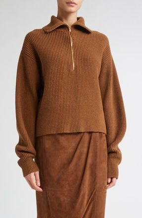 Max Mara Nadar Merino Wool & Cashmere Half Zip Sweater in Tobacco at Nordstrom, Size X-Large