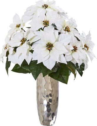 Nearly Natural Poinsettia Artificial Arrangement in Silver Cylinder Vase