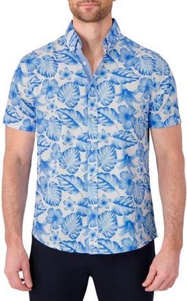 Report Collection Tropical Print Short Sleeve 4-Way-Stretch Button-Down Shirt in Blue at Nordstrom Rack, Size Medium