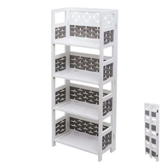 Hhg Nunca Usado] Estanter&iacute;a Hhg 660, Estanter&iacute;a De Pie Para Sal&oacute;n, Plegable 4 Estantes, Madera 110cm, Blanco, Mimbre Gris