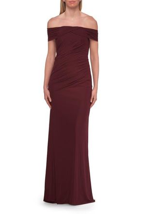 La Femme Off-the-Shoulder Ruched Jersey Gown in Wine at Nordstrom, Size 20