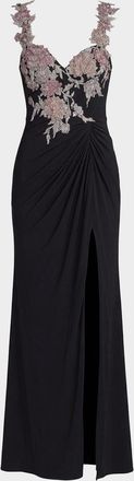 Mac Duggal Crystal Floral-Embroidered Jersey Gown