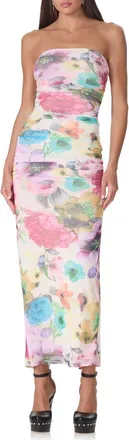 AFRM Marlo Strapless Mesh Maxi Dress in Watercolor Blossom at Nordstrom, Size X-Large