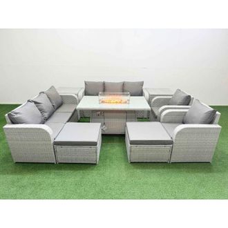 Fimous Pe Rattan High Back Lounge Sofa Set Patio Firepit Dining Table & Chairs Set with 3 Seater Sofa Reclining Chair 2 Big Footstool Side Table Light Grey