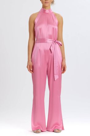 Something Navy Silky Halter Jumpsuit In Pink