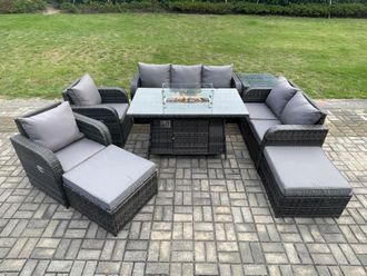 Fimous 9 Seater PE Wicker Outdoor Rattan Garden Furniture Set Propane Gas Fire Pit Table & Sofa Chair set with Side Table 2 Big Footstool in Dark Grey