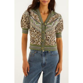Farm Rio Leopard Border Print Puff Sleeve Sweater in Primitive Leopardo B at Nordstrom, Size Xx-Small