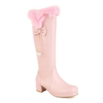 Generic Pink,4.5 UK,Knee High Boots for Women Platform Square Toe Chunky Block Heeled Tall Boots Side Zipper Long Boot with Bow