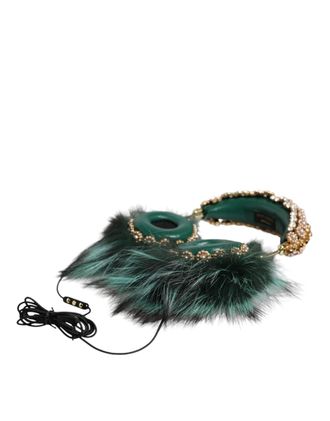 Dolce & Gabbana Womens Green Gold Crystal Fur Headset Audio Aux Headphones Brass Accessory