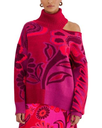 Farm Rio Farm Rio Bold Floral Pink Neck Knit Wool-Blend Sweater
