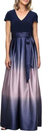 S.L. Fashions Short Sleeve Jersey Bodice Ombr&eacute; Satin A-Line Gown in Navy/Mauve at Nordstrom, Size 12