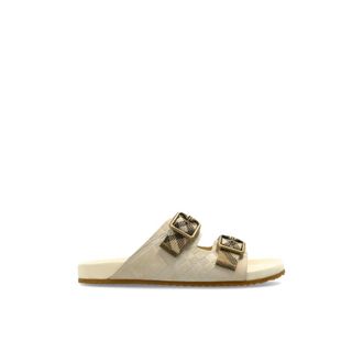 Burberry Sliders, female, Beige, Size: 8 1/2 US Check Suede Urchin Sandals