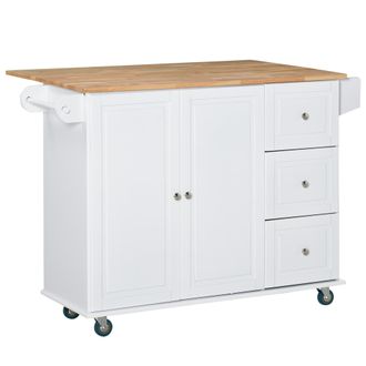 HOMCOM Carro De Cocina Con Ruedas Carrito De Servicio Con Encimera Extendida 3 Cajones 1 Armario Barra De Colgar Y Especiero 128,8x75,5x92,5 Cm