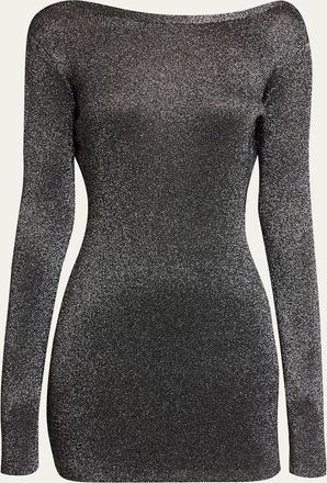 Balenciaga Metallic Knit Long-Sleeve Backless Mini Dress