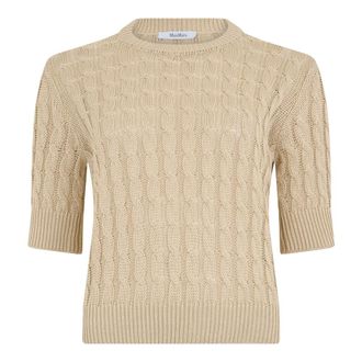 Max Mara Round-neck Knitwear, female, Beige, Size: M Short-sleeved Linen Sweater