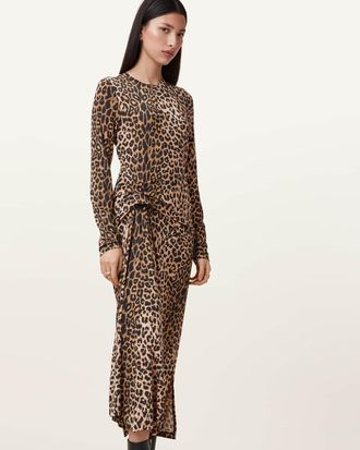 AllSaints Womens Viscose Rivi Draped Long Sleeve Midi Dress, Size: UK 8/US 4