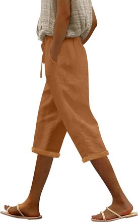 Generic Cropped Pants for Women UK Cotton Stretchy 3/35 Length Trousers with Pockets Elasticated High Waist Capri Trousers Solid Colour Drawstring Cropped Tro