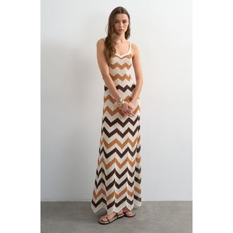 Topshop Chevron Stripe Open Stitch Maxi Dress in Stone at Nordstrom, Size Medium