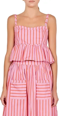 English Factory Stripe Ruffle Hem Cotton Top in Pink/orange at Nordstrom, Size X-Small