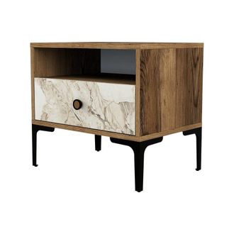 Dmora Mesa de noche efecto madera nogal, m&aacute;rmol blanco 56x40 cm