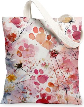 Generic Floral Canvas Tote Bags, Botanical Pattern Reusable Grocery Bags, Spring Vintage Lightweight Washable Shoulder Strap Canvas, Peach, 13x15 Inch