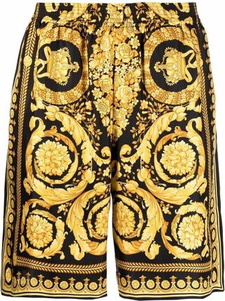 Versace Korte Broeken, Heren, Veelkleurig, L, Barocco Print Zijden Shorts Zwart