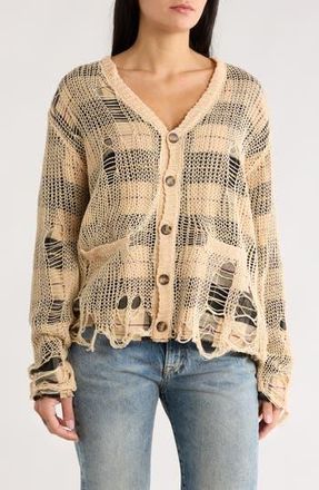 R13 Distressed Overlay Relaxed Flannel Cardigan in Cream On Black/Beige Plaid at Nordstrom Rack, Size Small
