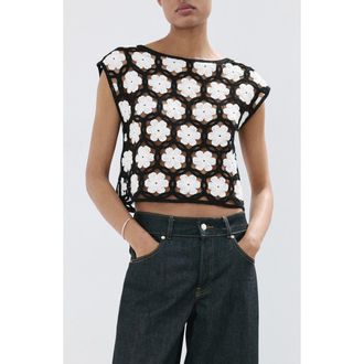Mango Flower Embellished Openwork Sweater in Black at Nordstrom, Size Medium