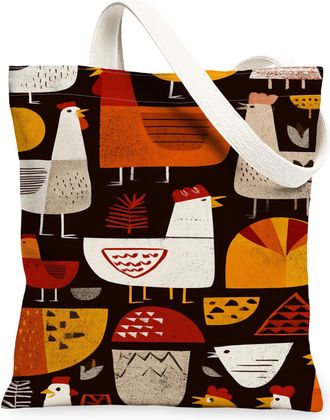 Generic Vintage Chicken Canvas Tote Bags, Artistic Farm Animal Pattern Reusable Grocery Bags, Lightweight Washable Shoulder Strap C, Brown, 13x15 Inch