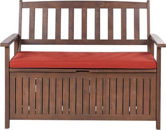 Beliani Beliani - Banco De Jard&iacute;n Con Almacenaje De Madera Maciza De Acacia 2 Plazas 120 Cm Oscuro Coj&iacute;n Rojo Sovana