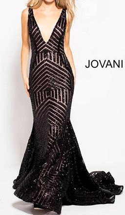 Jovani Sequin Embellished V Neck Gown In Black/nude