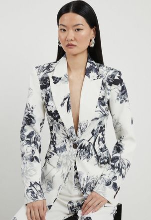 Karen Millen Tailored Crepe Printed Mono Floral Single Breasted Blazer