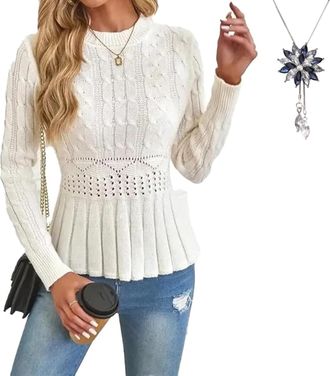 Generic Womens Chocolate Brown Cropped Sweater: Chunky Ribbed Knit Crew Neck Long Sleeve, Soft Lightweight Jumper (White,S)