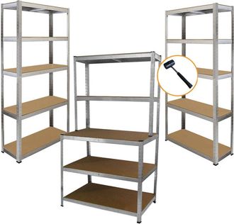 MonsterShop Pack De Estanter&iacute;as Industriales 5 Niveles Y Banco De Trabajo - Acero Galvanizado Resistente, Mdf Grueso, Montaje Sin Tornillos Y Carga M&aacute;xima 900 Kg 