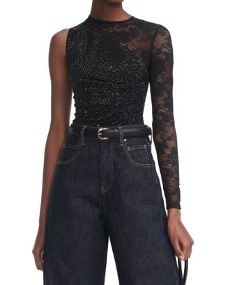 Self Portrait Asymmetrical One-Shoulder Top With Lace And Rhinestone Embellishments