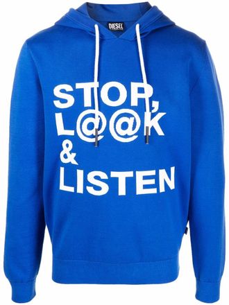 Diesel slogan-print pullover hoodie - men - Nylon/Polyester/Cotton/Spandex/Elastane/Polyester - L - Blue