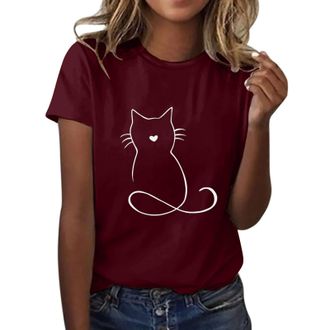 Generic Womens cat Graphic Tshirts Cute Short Sleeve Round Neck Soft Casual Tshirts Ladies Summer Outdoor Lounge T-Shirt Plus Size Wine
