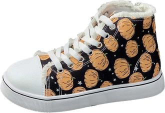 Generic Winter Womens Halloween Pumpkin Print Slip On Loafers Cozy Fleece Lined Casual Walking Shoes for Everyday Comfort and Style (Black, 6. 5)