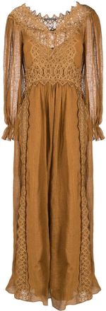 Alberta Ferretti lace linen long dress - women - Acetate/Elastane/Silk/Linen/Flax - 40 - Brown