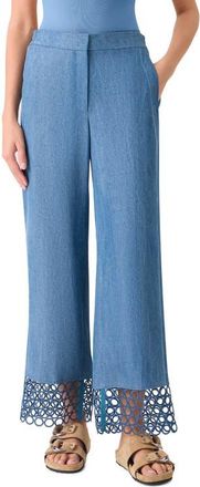 Akris Marlon Circle Lace & Denim Wide Leg Pants in Medium Blue Denim at Nordstrom, Size 12