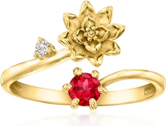 Ross-Simons Waterlily Flower/July Birthstone Ring With. Lab-Grown Ruby and Single Lab-Grown Diamond in 18kt Gold Over Sterling